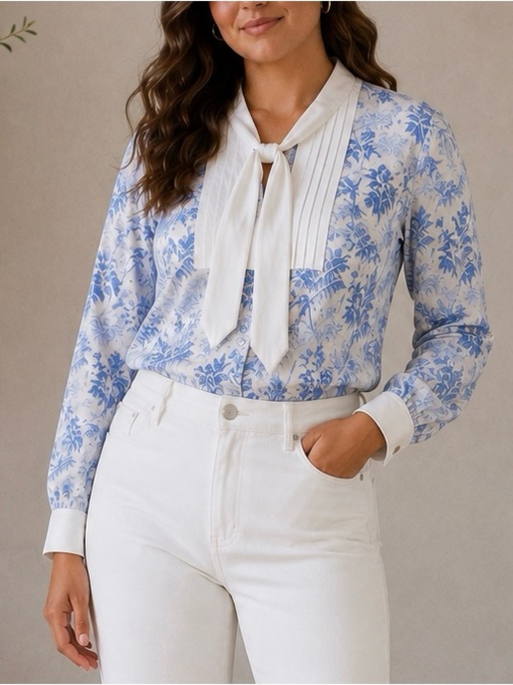 Brooks Brothers Blue White Floral Tie Neck Bow Blouse L Cotton Botanical